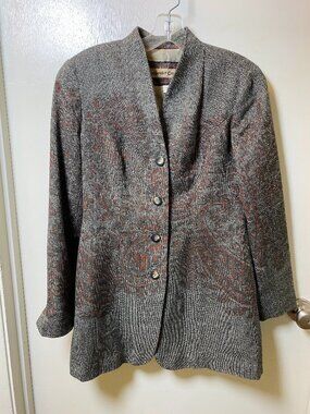 Coldwater Creek Paisley Tapestry Blazer Jacket Size 4 Gray Rust Wool Blend Lined